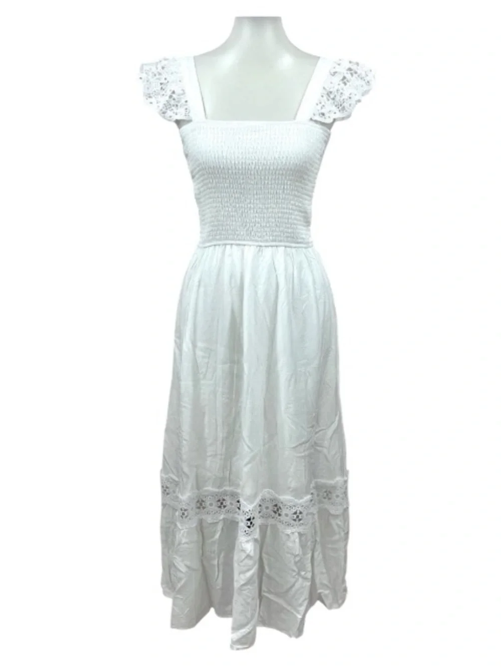 NWT White Eyelet Lace Flutter Wing Sleeve Smocked Top Pocket Maxi Dress